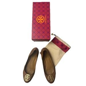 Tory Burch Travel Ballet Flats 8.5 Royal Tan Gold Logo Leather Shoes